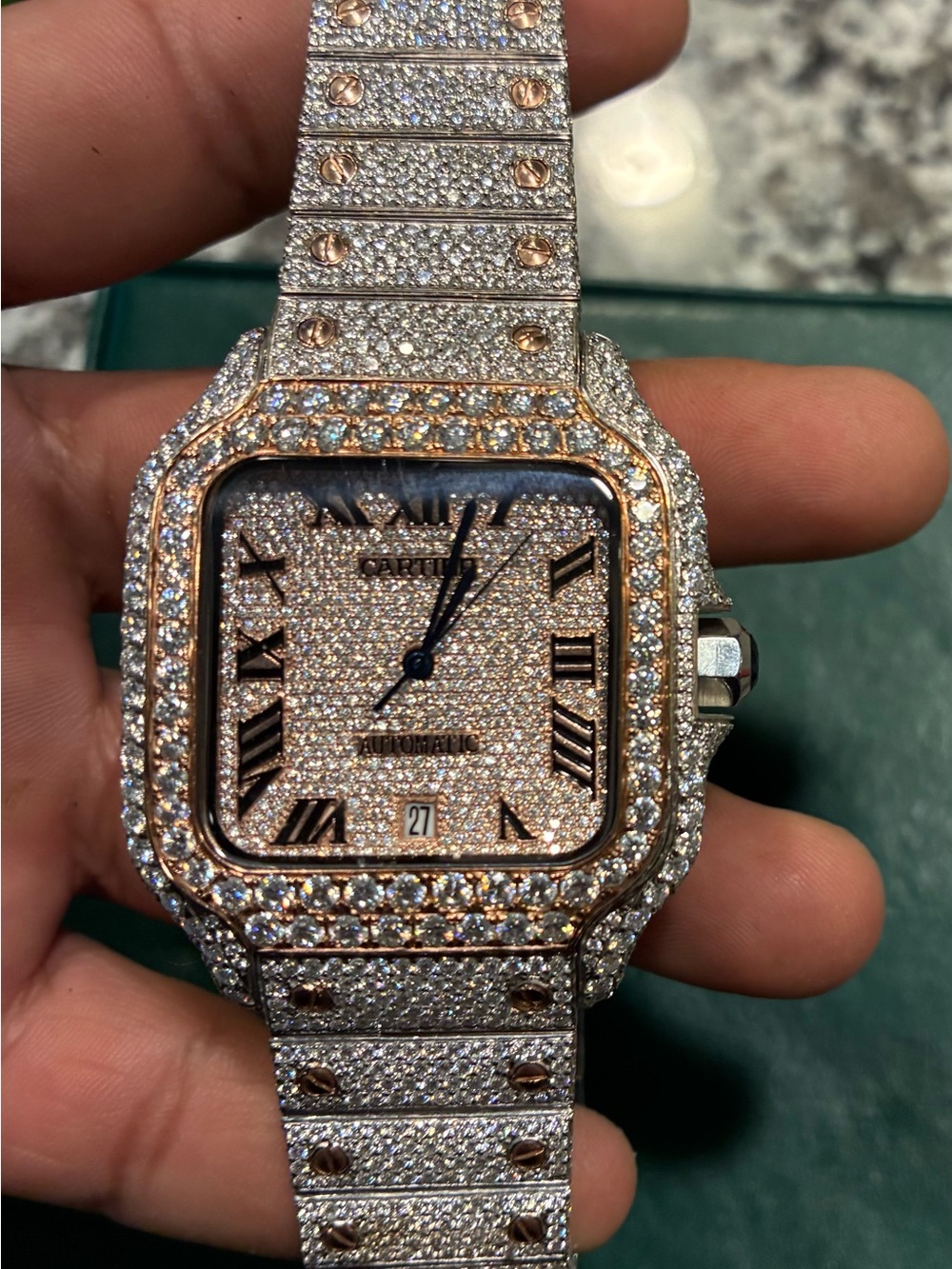 Cartier Pavé Diamond Santos with Rose Gold Accents